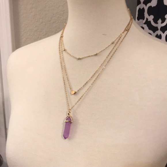 Purple stone 3 strand gold tone necklace - Picture 2 of 3